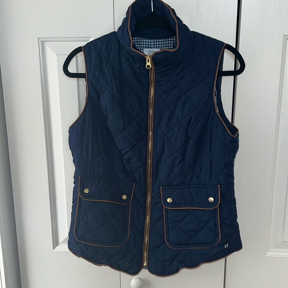 Crown & Ivy Navy Quilted Zip Up Gingham Vest Women's Medium